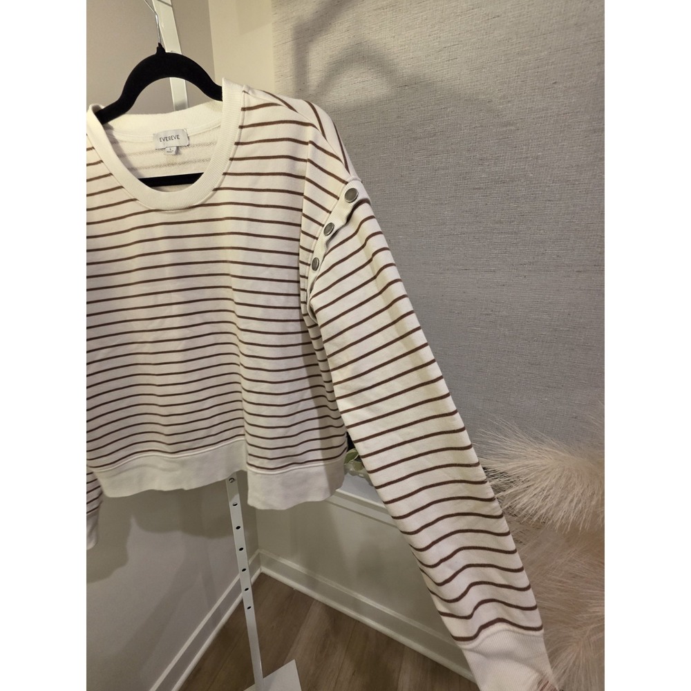 Evereve Womens L Striped Snap Shoulder Sweatshirt Cream Brown Preppy Nautical - Picture 8 of 14